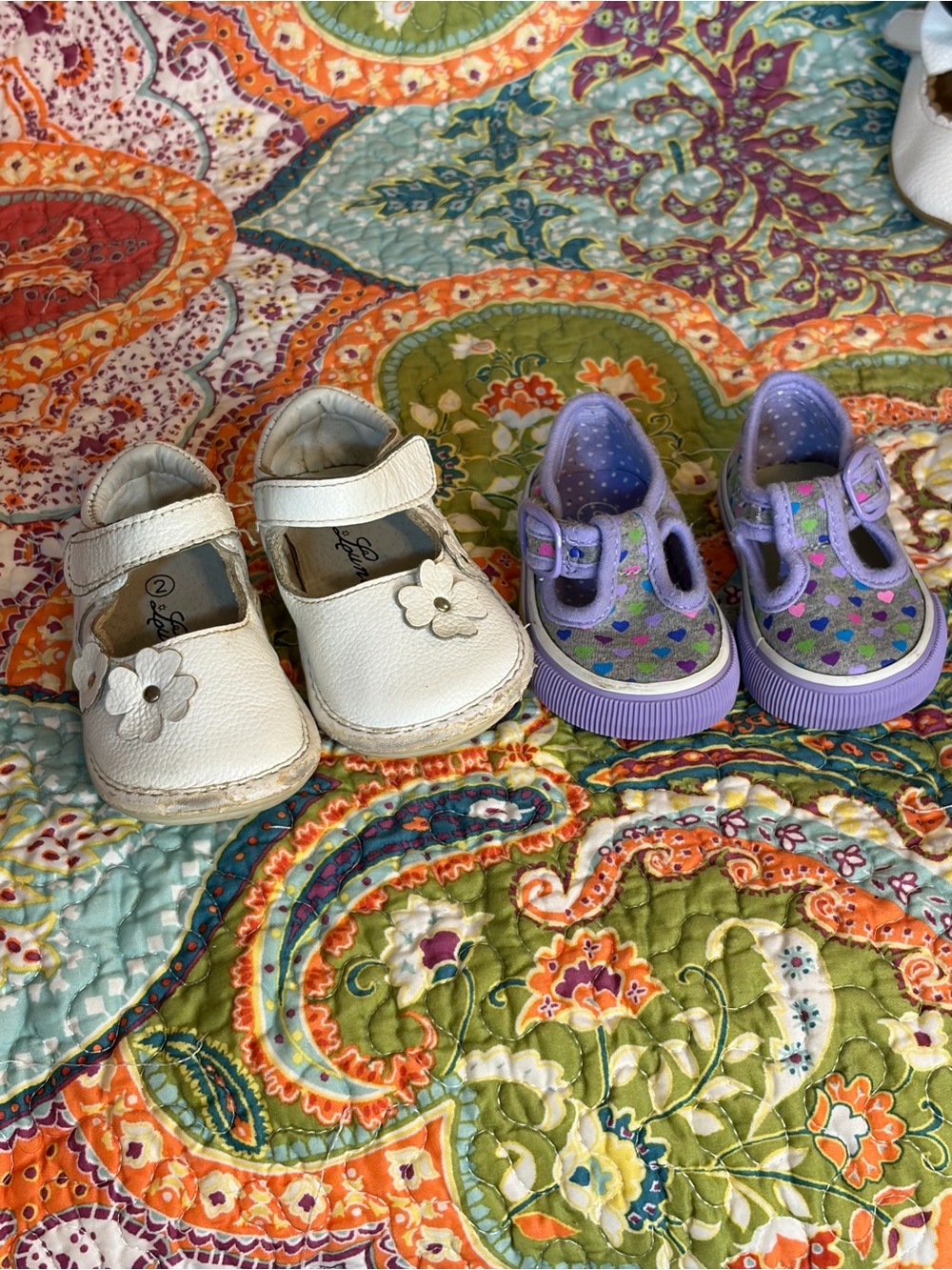 Girls White Leather Mary Janes & Lavender Heart-Print Canvas Shoes Set